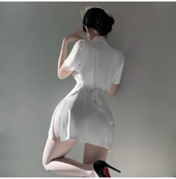 FEE ET MOI - Restrained Desire Lace-Up Waist Nurse Dress (White)